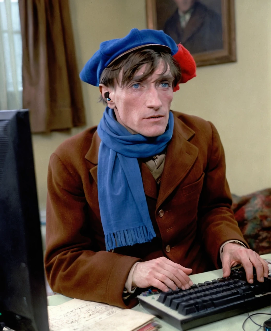 photo of artaud wearing a blue hat and red scarf and brown suit in his room, playing video games on his gamer computer, <lora:Antoine_Artaud_Lora_XL_v2:0.85>