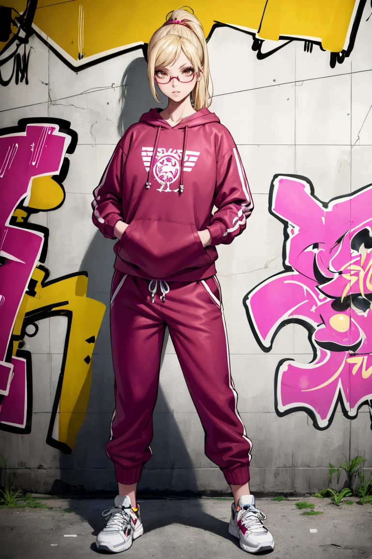 masterpiece, best quality, absurdres, KaedeAkiyama, long hair, ponytail, glasses, urban and street style, graffiti-inspired colors, cool and edgy attire, baggy pants, oversized hoodie, stylish sneakers, fashionable accessories, hip hop jewelry, confident expression, graffiti walls, energetic and vibrant atmosphere, <lora:KaedeAkiyama:1>