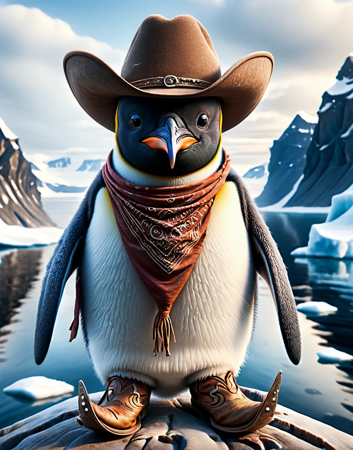 Ais-cowboyz penguin, in the arctic <lora:Cowboyz_Style_SDXL:1>,4k, uhd, hdr, masterpiece