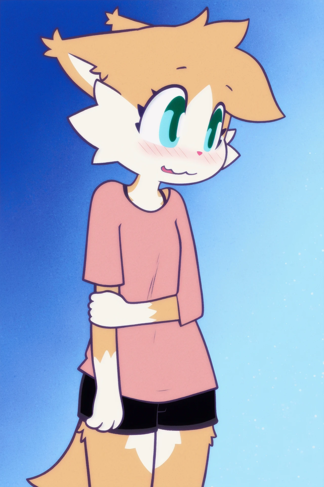 (high quality, high res, 4k:1.3)
<lora:rolo:0.8> rolo, furry, female, solo, standing, solid color background, pink shirt, shorts, blushing, nervous, holding own arm, happy