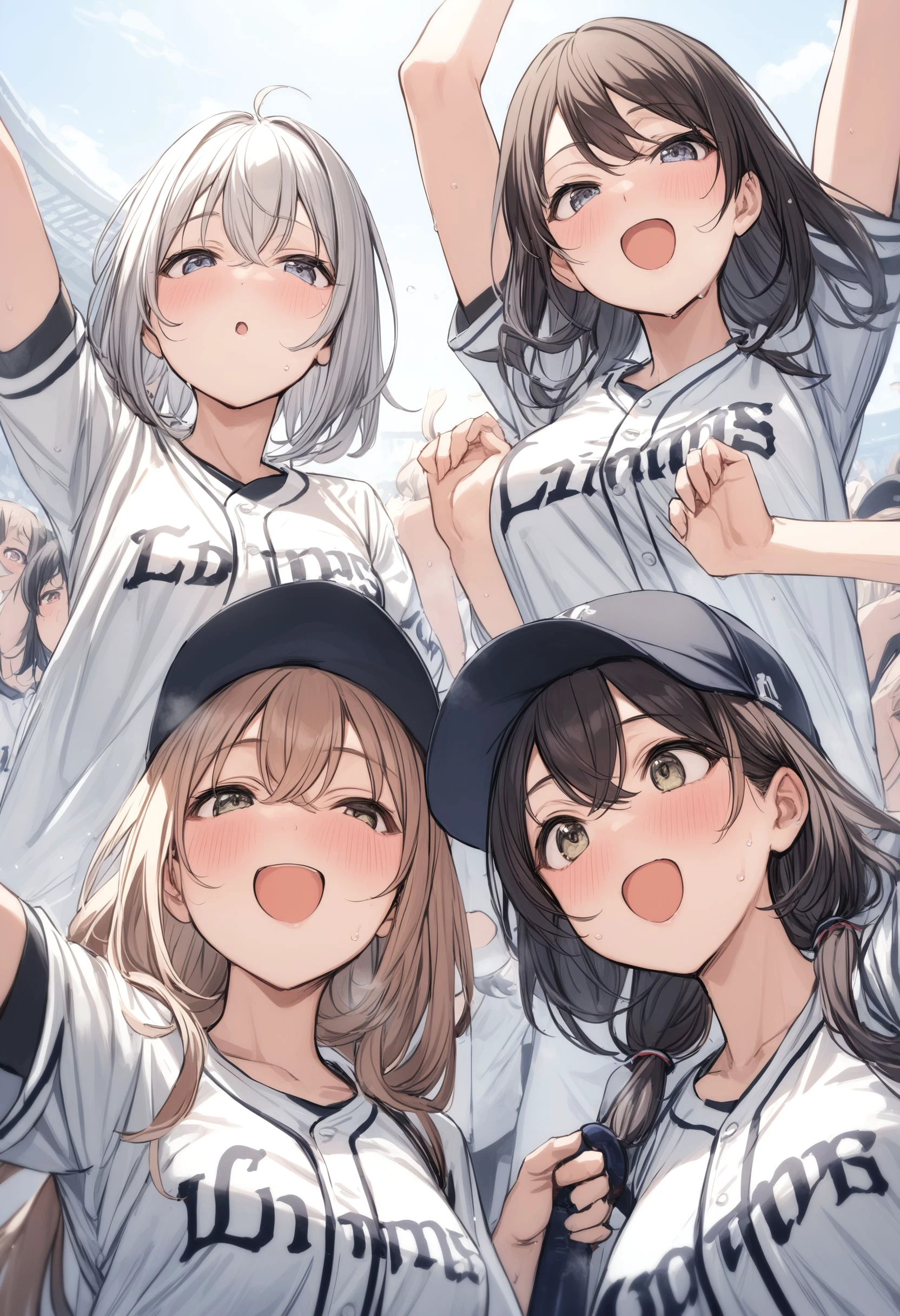 multiple girls, <lora:sdxl2-flat2-512b:-1>,medium breasts,
<lora:seibuXLv2:0.6>,seibu,baseball uniform, clothes writing, short sleeves,miniskirt, white jacket, open clothes, open jacket,shirt,cheering,
from below, upper body, looking up, open mouth,
masterpiece,best quality,medium quality,