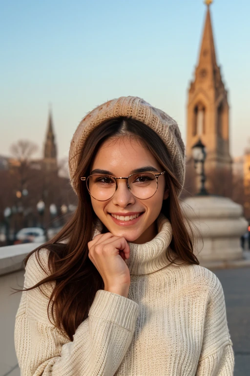 (masterpiece:1.3),(best quality:1.3),8k, highestres, absurdres, perfect composition, delicate, realistic proportions, ultra sharp, beautiful, stunning beauty, beautiful detailed eyes, textured skin, perfect face, Canon50,  perfect shadows,  symmetrical face, messy bunhair,   l30nam1a, 1girl <lora:Wolvie_l30nam1a_v1.5:1> l30nam1a, 1girl, brown eyes, teeth, grin, (jewelry), slim, Wolve_Colors_Rand1 turtleneck sweater, city background, glasses, hat,
