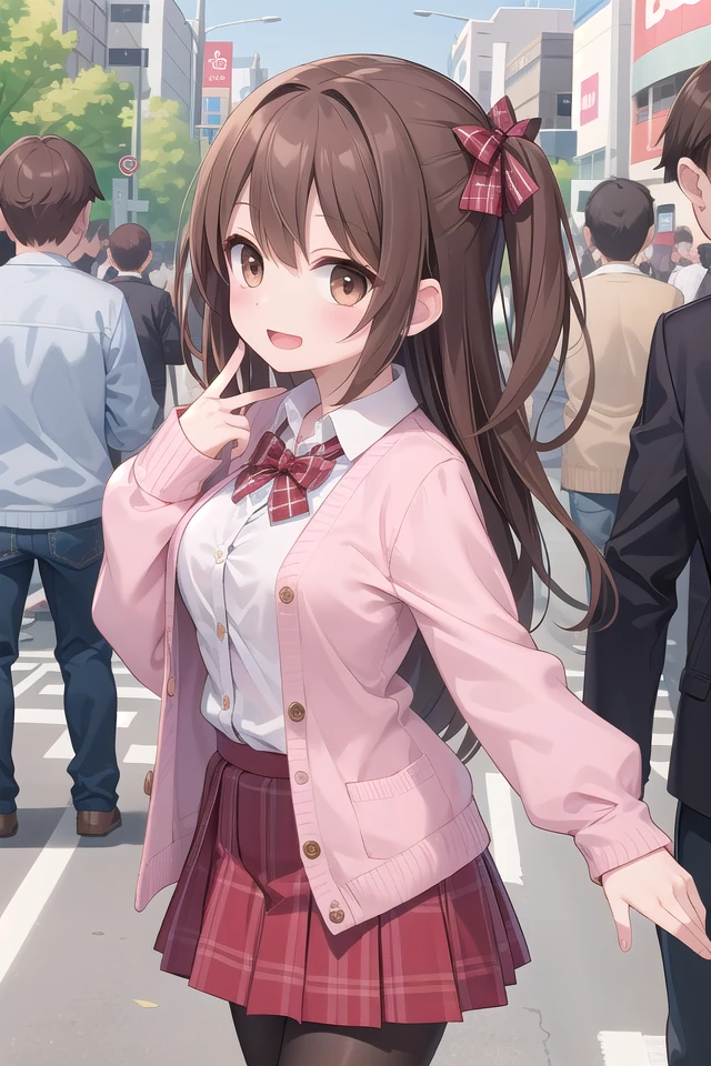 insanely detailed, absurdres, ultra-highres, ultra-detailed, best quality,
1girl, solo, nice hands, perfect hands
BREAK
(School Uniforms:1.2), (pink cardigan is fit body:1.4), ((do up a buttons, not loose):1.5), ((long sleeve, sleeves past wrists):1.2), (inner wear is white collared-shirt:1.3), (red plaid-pattern bow:1.3), (red plaid-pattern pleated skirt:1.3), ((dark-brown pantyhose, loafers):1.2) 
BREAK
happy smile, laugh, open mouth, standing,
from side,
cute pose, cowboy shot
BREAK
slender, kawaii, perfect symmetrical face, ultra cute girl, ultra cute face, ultra detailed eyes, ultra detailed hair, ultra cute, ultra beautiful
BREAK
in harajuku, shibuya, tokyo, street, crowd, cityscape
BREAK
medium large breasts,
(brown hair, brown eyes), hime cut