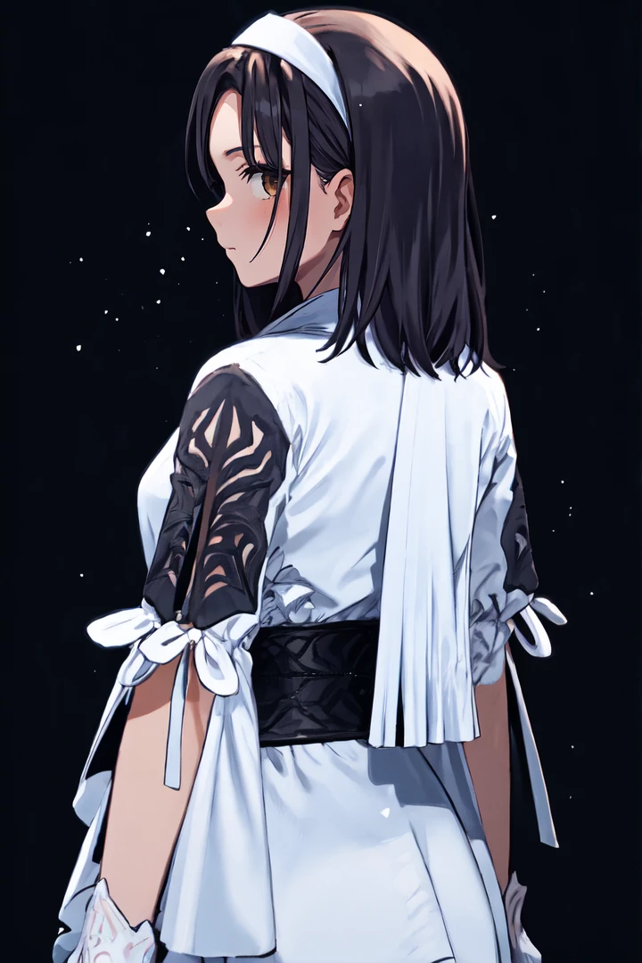 white hairband, black hair, parted bangs, medium hair, brown eyes, white dress, white gloves, obi,
mature female, 2d,
upper body, looking back, black background, gradient background, from behind
BREAK light particles, holy light, cowboy shot,
<lora:t8jun-14:1>