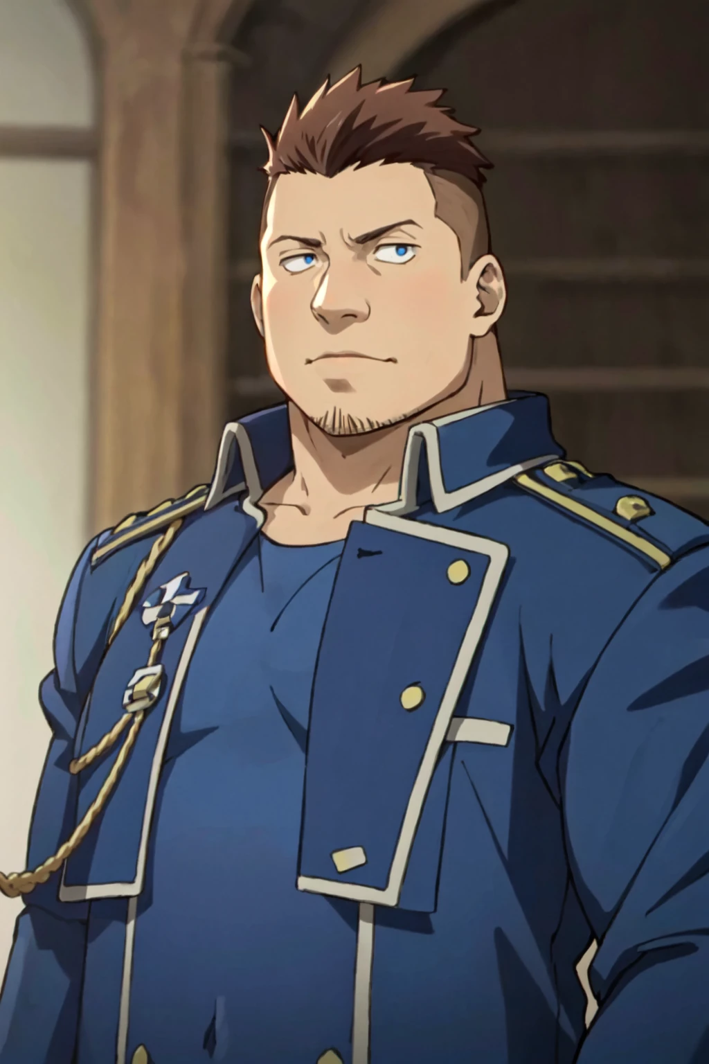 (1 image only),  solo male,  1boy,  Heymans Breda,  Fullmetal Alchemist,  anime,  2D,  blue eyes,  brown hair,  short hair,  high fade,  stubble,  handsome,  (chubby),  open (pure blue military uniform,  blue 
 coat),  confidence,  charming,  alluring,  upper body in frame,  perfect anatomy,  perfect proportions,  8k,  HQ,  (best quality:1.2,  hyperrealistic:1.2,  photorealistic:1.2,  masterpiece:1.3,  madly detailed photo:1.2),  (hyper-realistic lifelike texture:1.2,  realistic eyes:1.2),  high_resolution,  perfect eye pupil,  dutch angle, best quality,  (long sleeves), chubby,<lora:EMS-286469-EMS:0.600000>,<lora:EMS-19728-EMS:0.200000>