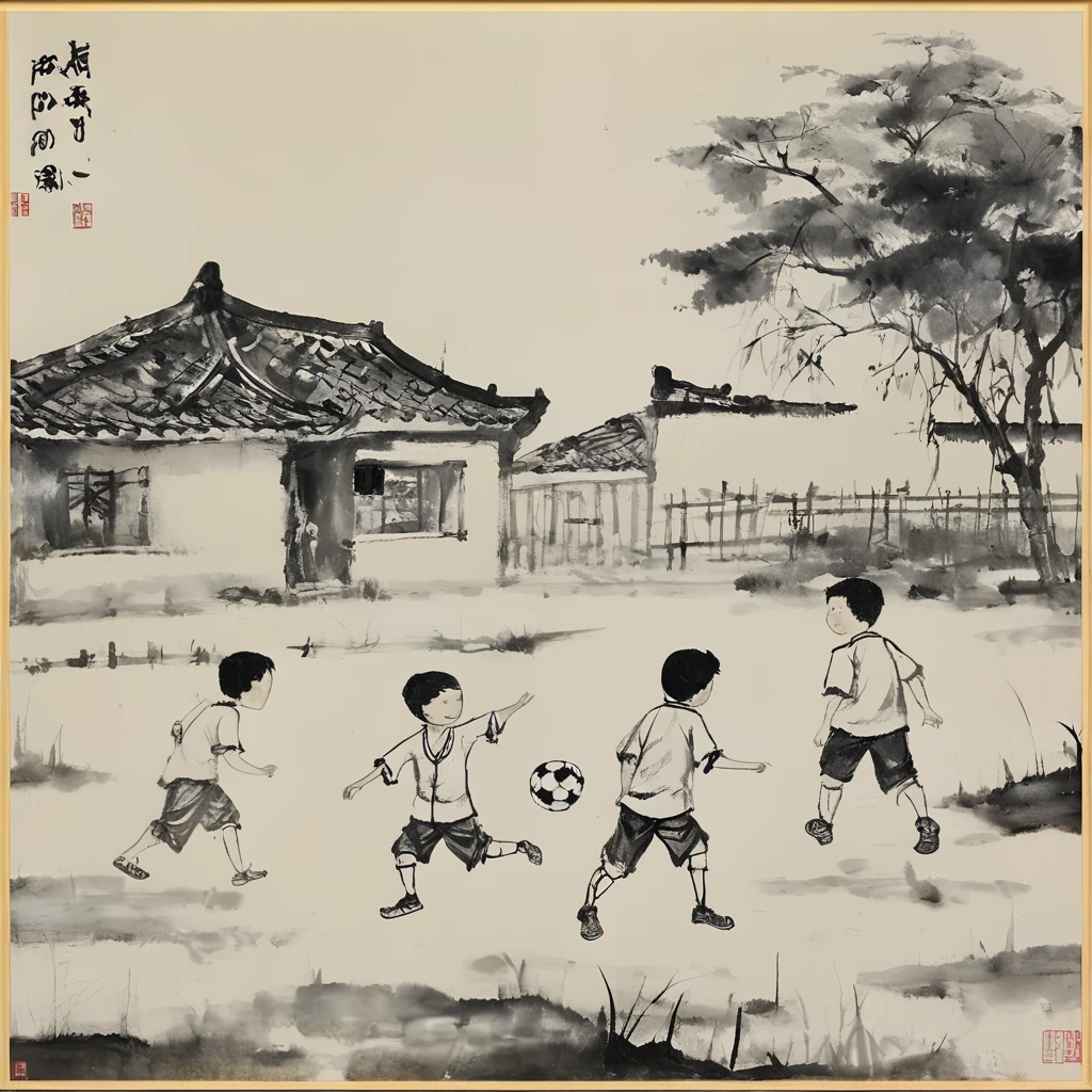 chinese ink painting of kids playing football in a yard