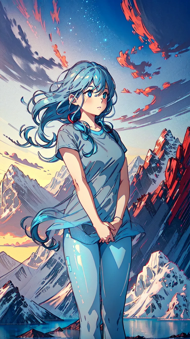 (1girl:cute face, detailed eyes, <lora:perfecteyes:0.4>, average breasts, long wavy blue hair, grey leggings, red t-shirt), mountains and a lake in the background, night, night sky, stars, <lora:YuumeiArtV2_LoRa-000007:0.8>