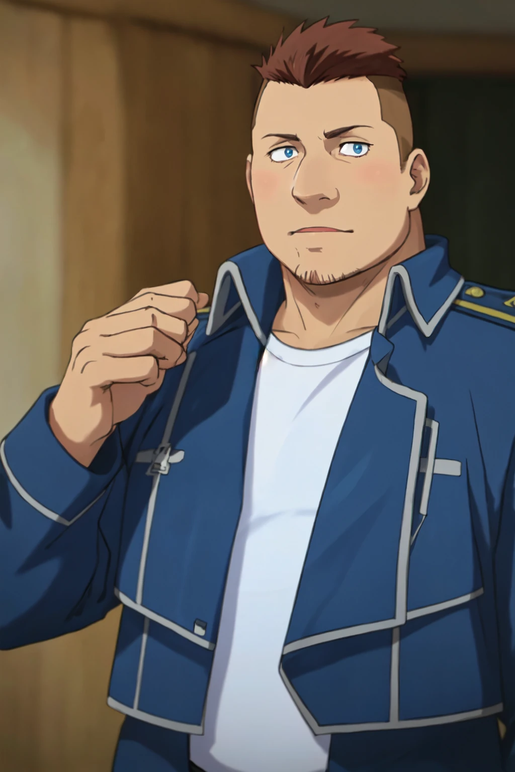 (1 image only),  solo male,  1boy,  Heymans Breda,  Fullmetal Alchemist,  anime,  2D,  blue eyes,  brown hair,  short hair,  high fade,  stubble,  handsome,  (chubby),  open (pure blue military uniform,  blue coat,  white t-shirt),  confidence,  charming,  alluring,  upper body in frame,  perfect anatomy,  perfect proportions,  8k,  HQ,  (best quality:1.2,  hyperrealistic:1.2,  photorealistic:1.2,  masterpiece:1.3,  madly detailed photo:1.2),  (hyper-realistic lifelike texture:1.2,  realistic eyes:1.2),  high_resolution,  perfect eye pupil,  dutch angle, best quality,  (long sleeves), chubby,<lora:EMS-286469-EMS:0.600000>,<lora:EMS-19728-EMS:0.200000>