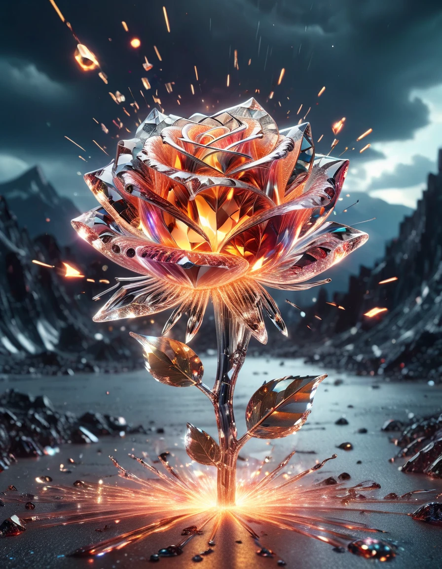 Award-winning photography of a beautiful, holding a lava rose in hand, exploding magic, hyper realistic, intricate details, colorful, sparkles, shining, ultra sharp, realism, lightning strikes, made of ral-crztlgls <lora:ral-crztlgls-sdxl:1> ral-crztlgls landscape background