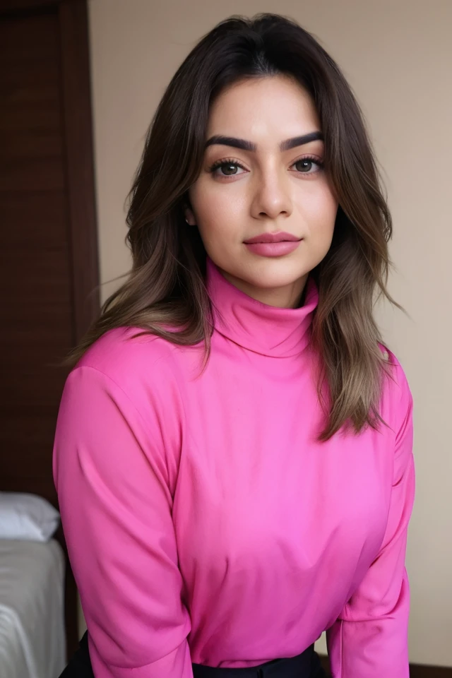 Portrait photo of k3llyk3y woman, pink turtleneck blouse. slight smile