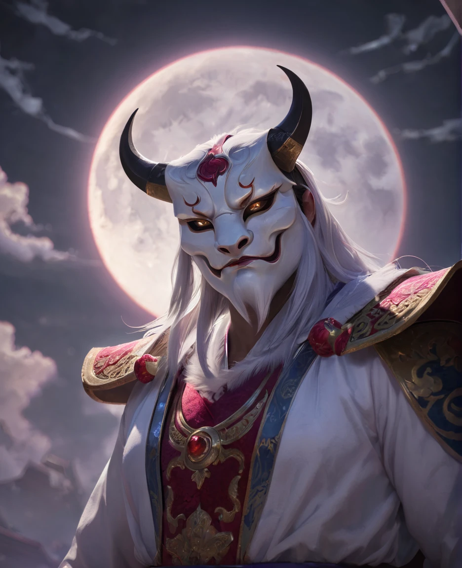 <lora:bloodmoonXL-step00000250:0.9>,bldmoon,bull,full moon,cinematic,oriental,mask.cloudy sky,ultra detailed,ray tracing,cloudy sky,octane render,intricate,cinematic,oriental,glowing features,masterpiece,hyper realistic reflections,50nm dof,bokeh,realistic,sharp focus,ultra detailed,8k,uhd,surging power,high resolution,trending on artstation and deviantart,featured,style of __fantasy-artist__ and Cui Zizhong
