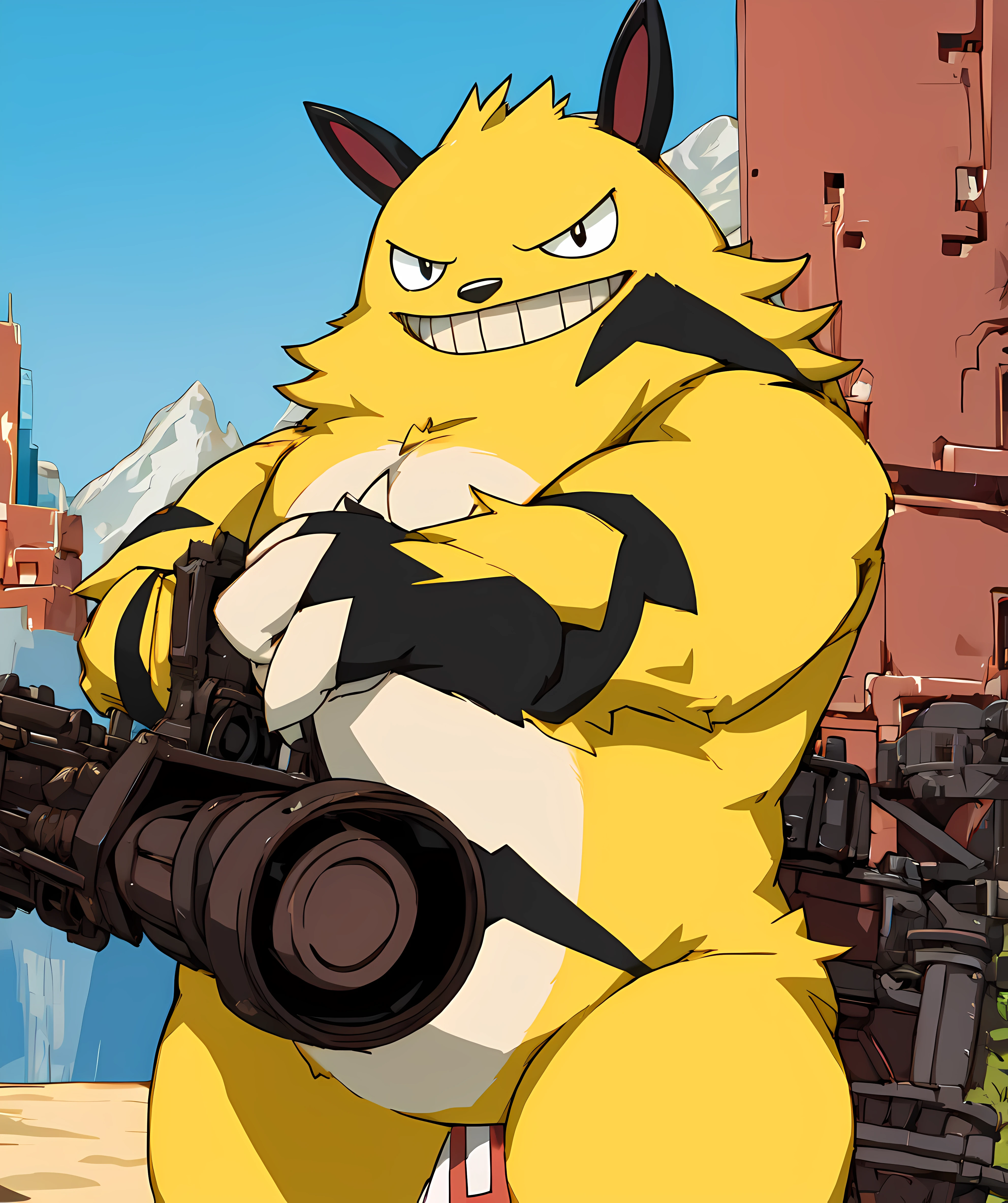 grizzbolt_palworld, muscular, standing, flexing, fur, looking at viewer, evil grin, outdoor, flat color, goggles on head, holding gatling gun <lora:Grizzbolt:0.8>