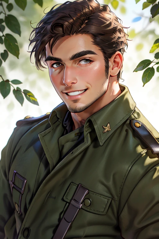 (1 image only),  solo male,  1boy,  Sadik Adnan,  Turkey,  Hetalia: Axis Powers,  Turkish male,  olive-skinned,  facial hair,  chinstrap stubble,  sideburns,  shaved philtrum,  hairless philtrum,  brown eyes,  thick dark eyebrows,  brown hair,  short hair,  long green coat,  brown pants,  knee-high boots,  tan scarf,  black gloves,  grin,  handsome,  mature,  charming,  alluring,  upper body in frame,  perfect anatomy,  perfect proportions,  8k,  HQ,  (best quality:1.2,  hyperrealistic:1.2,  photorealistic:1.2,  masterpiece:1.3,  madly detailed photo:1.2),  (hyper-realistic lifelike texture:1.2,  realistic eyes:1.2),  high_resolution,  perfect eye pupil,  dutch angle, perfecteyes