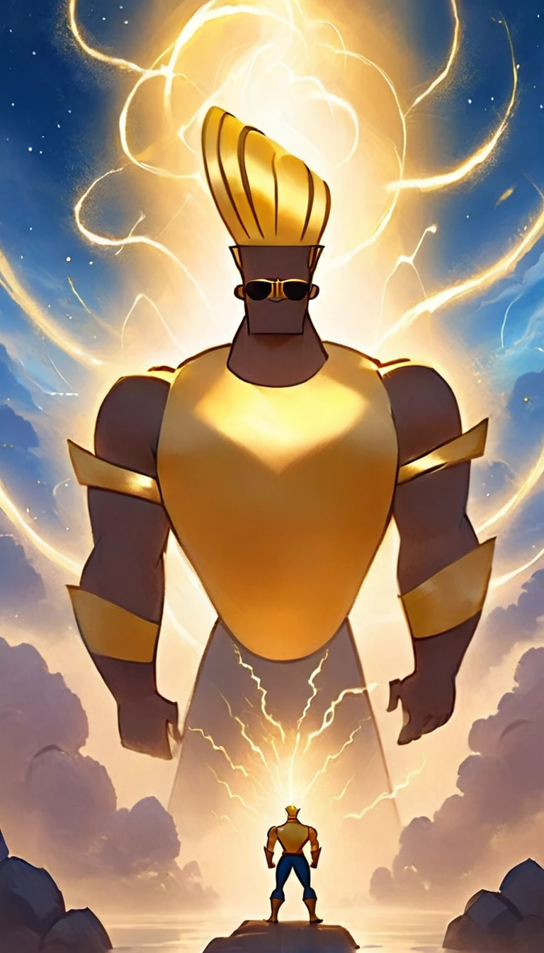 ethereal fantasy concept art of   <lora:JohnnyBravoXL:1>johnnybravo, <lora:SDXL_Sacred_beast:.3>god, thunder, gold chain . magnificent, celestial, ethereal, painterly, epic, majestic, magical, fantasy art, cover art, dreamy