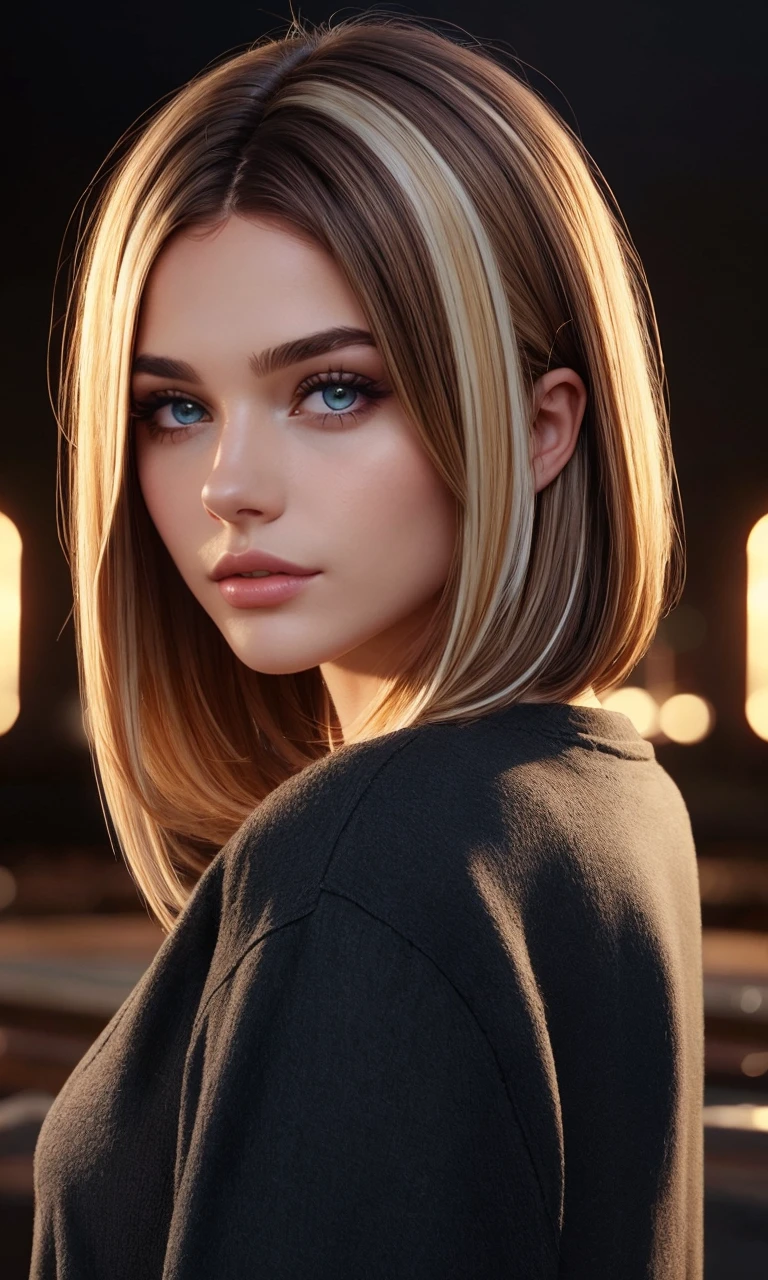 lbobh2024, 1 girl, best quality, masterpiece, photorealistic, raw image. cinematic lighting, long bob hairstyle, brown hair, blonde streaked hair, brazilian girl,