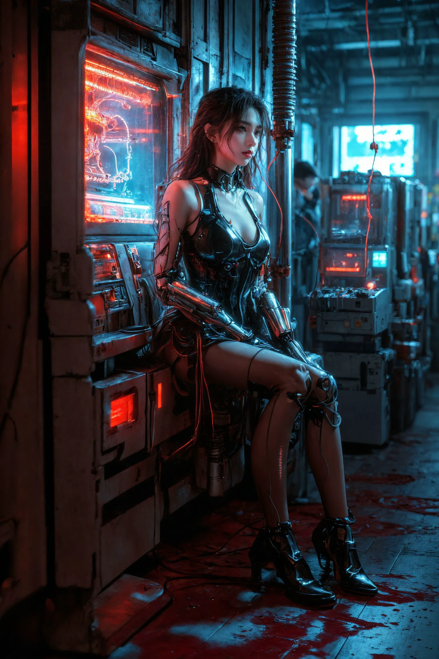 xuer Game girl,Game machine,
(tutult:1.3),bodysuit,pantyhose,(masterpiece, top quality, best quality, official art, beautiful and aesthetic:1.3),(1girl:1.3),extreme detailed,colorful,highest detailed,((ultra-detailed)),(highly detailed CG illustration),((an extremely delicate and beautiful)),cinematic light,((1mechanical girl)),solo,full body,(steampunk),(machine made joints:1.2),(mechanical limbs),(blood vessels connected to tubes),((mechanical cervial attaching to neck)),(sitting),expressionless,wires and cables attaching to neck,wires and cables on head,science fiction,mechanical city,active pose,
<lora:~Q?-n8b\Ys xuer Game girl:0.6>,