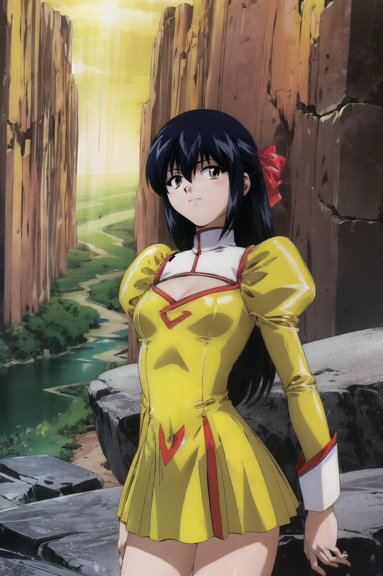 masterpiece, best quality, 1girl, looking at viewer, ultra detailed, <lora:add_detail:0.5>, <lora:rie_FW:1> , black hair, brown eyes, bangs, long hair, hair ribbon, long sleeves, dress,  puffy sleeves,  uniform, cleavage cutout, juliet sleeves, yellow dress, cowboy shot, smug, (eroded canyon, steep cliffs, winding river, ancient rock formations:1.1)