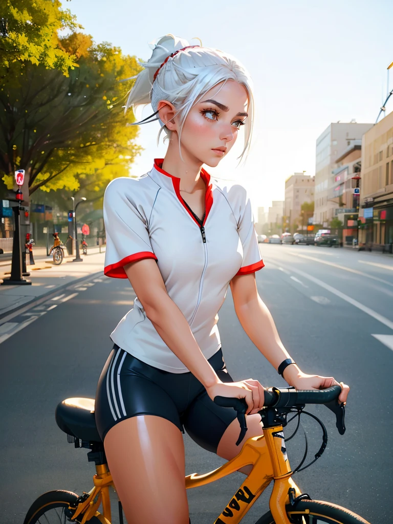candid, gnome young Female messenger, white hair in ponytail, no make up, natural complexion, pointed ear tips, natural eyebrows, cycling jersey, leggings, bicycle shorts, wicking shirt, satchel, Sharp focus, realistic details, detailed fingers, perspiration, modern downtown setting, urban setting, natural lighting, deep shadows. fixie, bicycle, riding
<lora:b1k3g1rl_7:0.7>