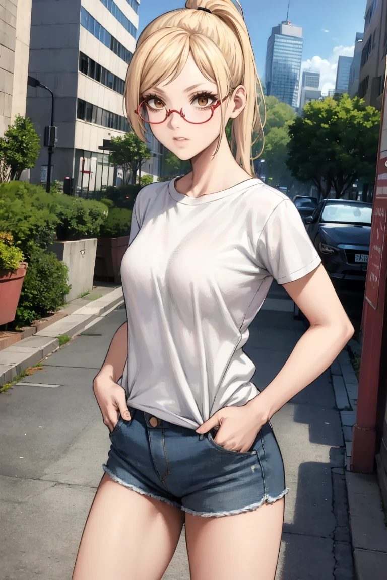 masterpiece, best quality, absurdres, KaedeAkiyama, long hair, ponytail, glasses, t-shirt, denim shorts, standing, outdoors, city, hands in pockets, <lora:KaedeAkiyama:1>