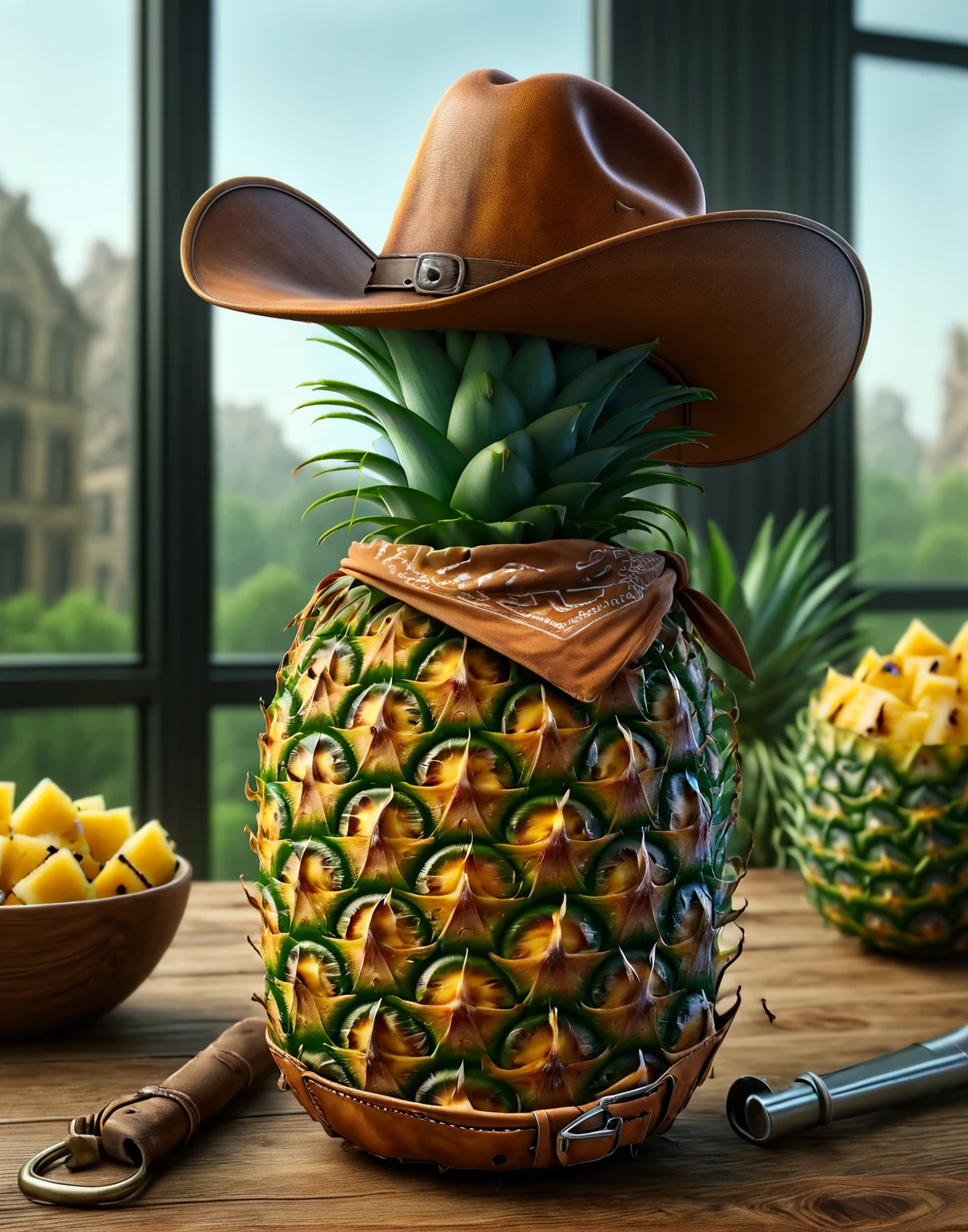 ais-cowboyz pineapple, on a table <lora:Cowboyz_Style_SDXL:1>,4k, uhd, hdr, masterpiece