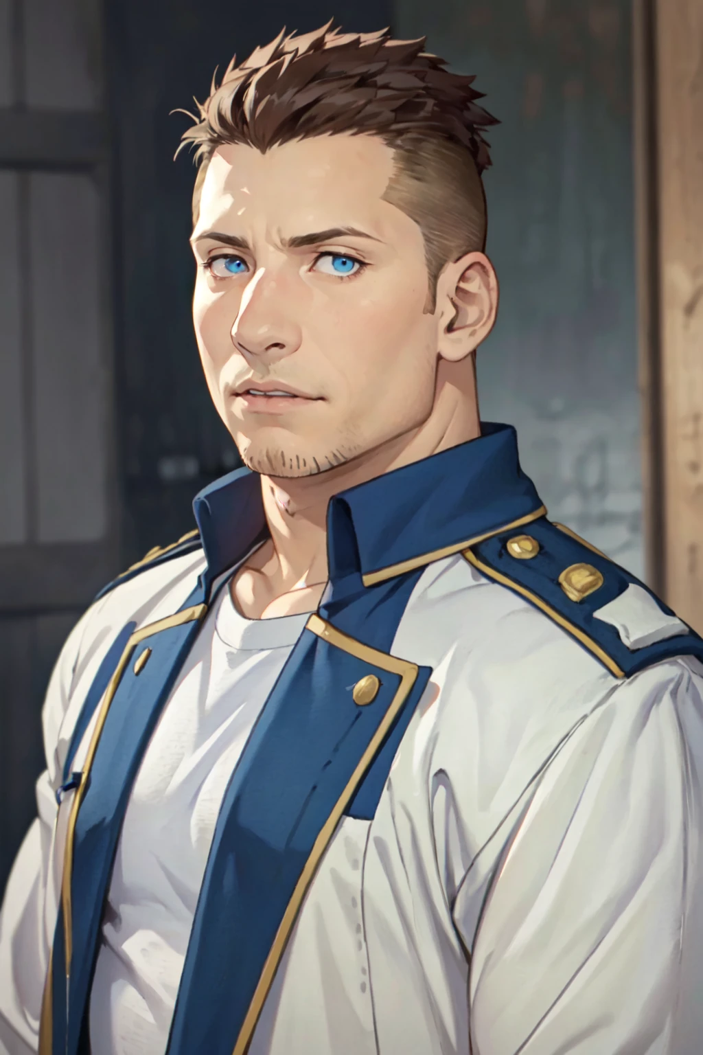 (1 image only),  solo male,  1boy,  Heymans Breda,  Fullmetal Alchemist,  anime,  2D,  blue eyes,  brown hair,  short hair,  high fade,  stubble,  handsome,  chubby,  open pure blue military uniform,  confidence,  charming,  alluring,  upper body in frame,  perfect anatomy,  perfect proportions,  8k,  HQ,  (best quality:1.2,  hyperrealistic:1.2,  photorealistic:1.2,  masterpiece:1.3,  madly detailed photo:1.2),  (hyper-realistic lifelike texture:1.2,  realistic eyes:1.2),  high_resolution,  perfect eye pupil,  dutch angle, best quality,  (long sleeves),<lora:EMS-286469-EMS:0.600000>