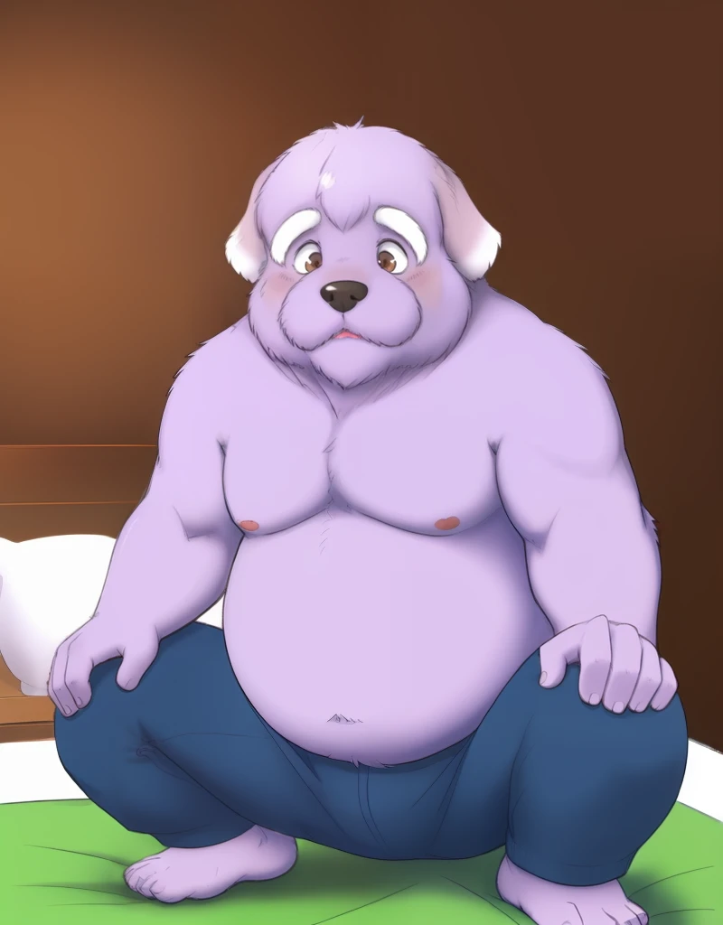 (((detailed eyes, detailed face))), (furry, shigure <lora:character_shigure_findigo_v1:0.9>, purple hair, facial hair, white thick eyebrows, dog boy, snout, old man, small brown eyes), male, (solo), (plump, fat, chubby, overweight), (blue pants, topless), crouching, leaning forward, smile BREAK (konzaburou, ukan_muri, cute), bedroom, (flat shading, flat color, high brightness), 8k, UHD, masterpiece, (full body)