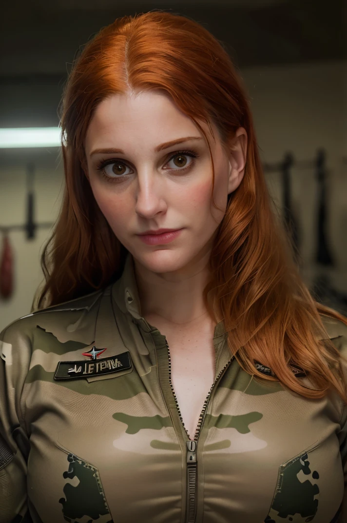 CobieSmulders, portrait,close up of a Shimmering Female, Soldier, wearing Appealing Overall, looking away from camera, Mesmerizing Auburn hair, inside a Bizarre Sports complex, Bokeh, Bronzepunk, L USM, Autochrome, under water, <lora:CobieSmuldersSDXL:1>