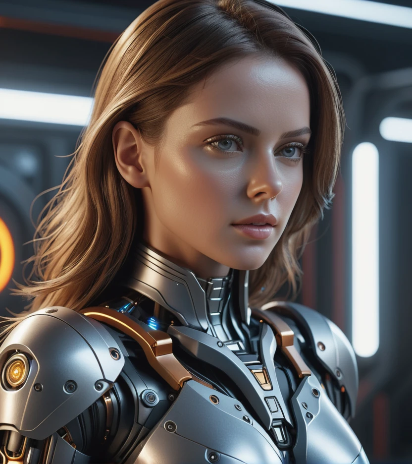 A smiling demurely at you biomechanical feminine cyborg [: with the face of <'EM_1'> : 0.1], shining gemstone encrusted thin matte armor plates, intricate machinery, ambient light, subsurface scattering, in action, high quality [sci-fi movie : natural details, real life photo : 0.5]