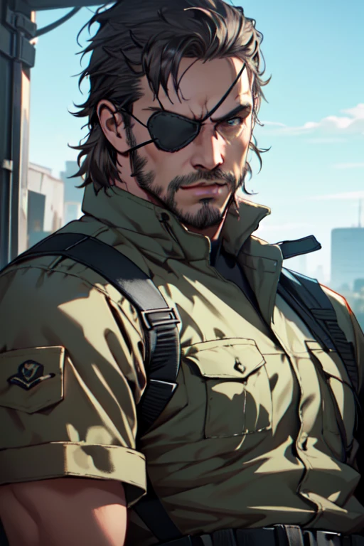 (1 image only),  solo male,  1boy,  Big Boss,  Metal Gear Solid,  facial hair,  eyepatch,  handsome,  mature,  charming,  alluring,  upper body in frame,  perfect anatomy,  perfect proportions,  8k,  HQ,  (best quality:1.2,  hyperrealistic:1.2,  photorealistic:1.2,  masterpiece:1.3,  madly detailed photo:1.2),  (hyper-realistic lifelike texture:1.2,  realistic eyes:1.2),  high_resolution,  perfect eye pupil,  dutch angle,<lora:EMS-287113-EMS:0.800000>,<lora:EMS-498-EMS:0.200000>