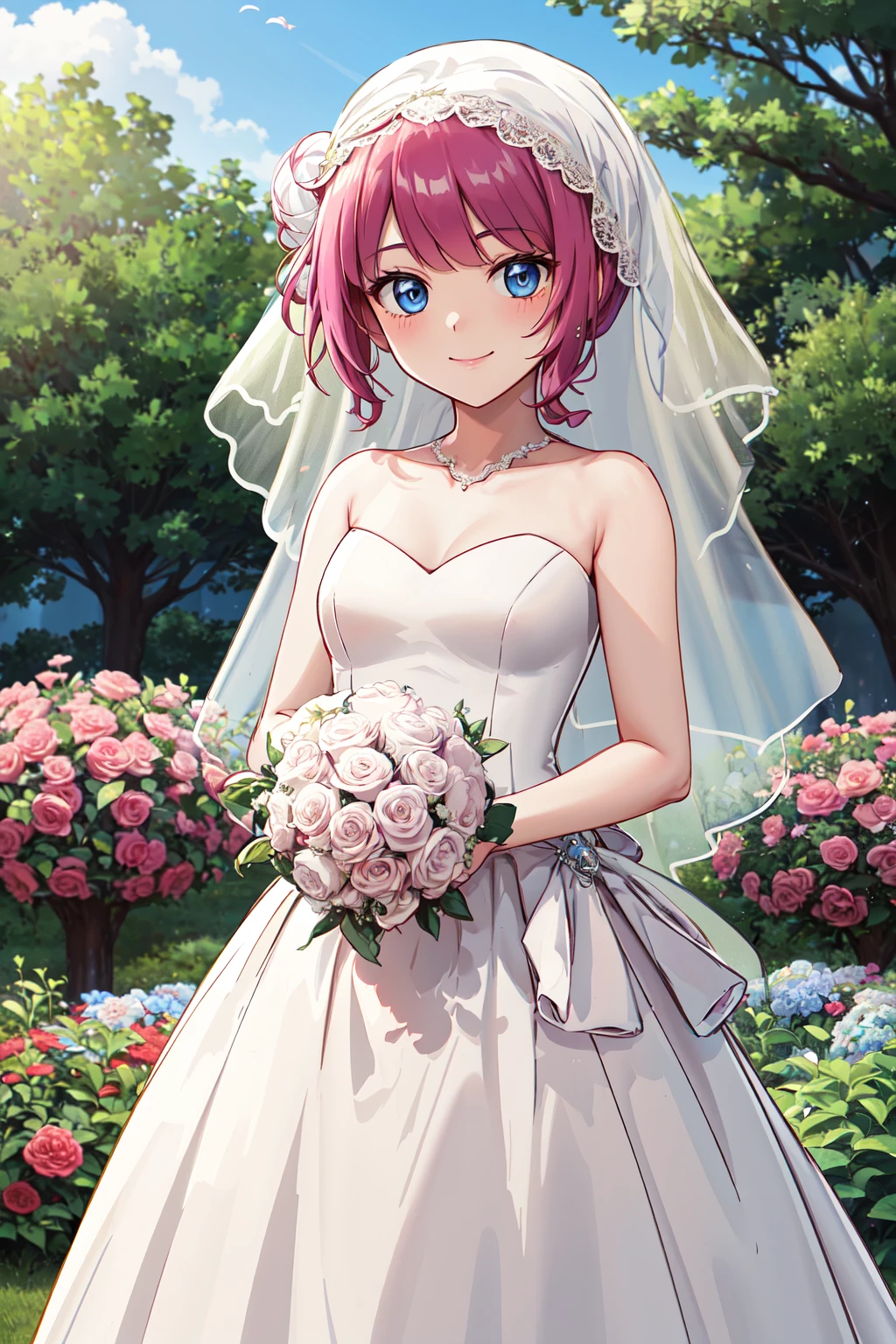 masterpiece,best quality,highres,ultra-detailed,aaromin,long hair,bangs,<lora:kirishima_romin:0.7>,(wedding dress:1.2),white dress,(veil:1.2),garden,smile,outdoors,standing,cowboy shot,holding bouquet,hair bun,