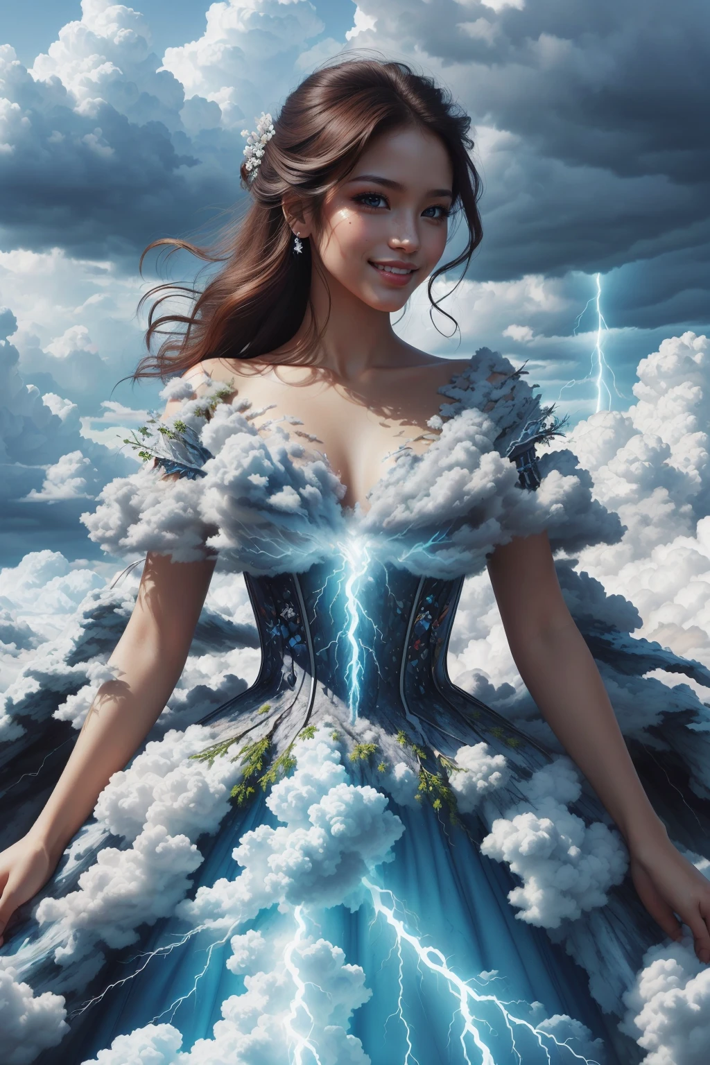 (ultra realistic,32k, masterpiece:1.2),(high detailed skin:1.1),( high quality:1.1),
1girl, multiHair, [ <lora:edgThunderCloud:0.8>edgTCloud, a woman wearing a dress made of thunder clouds ,wearing edgTCloud:<lora:citrine-style-darquelilly-v1:0.5>(citrinegemstyle:1.2), gems, citrine, citrines, citrine:20],(looking at viewer, standing:1.1),, huge breast,large breast,,<lora:add_detail:0.92>,
(glowwave:1.1),  (heaven clouds background:1.2)