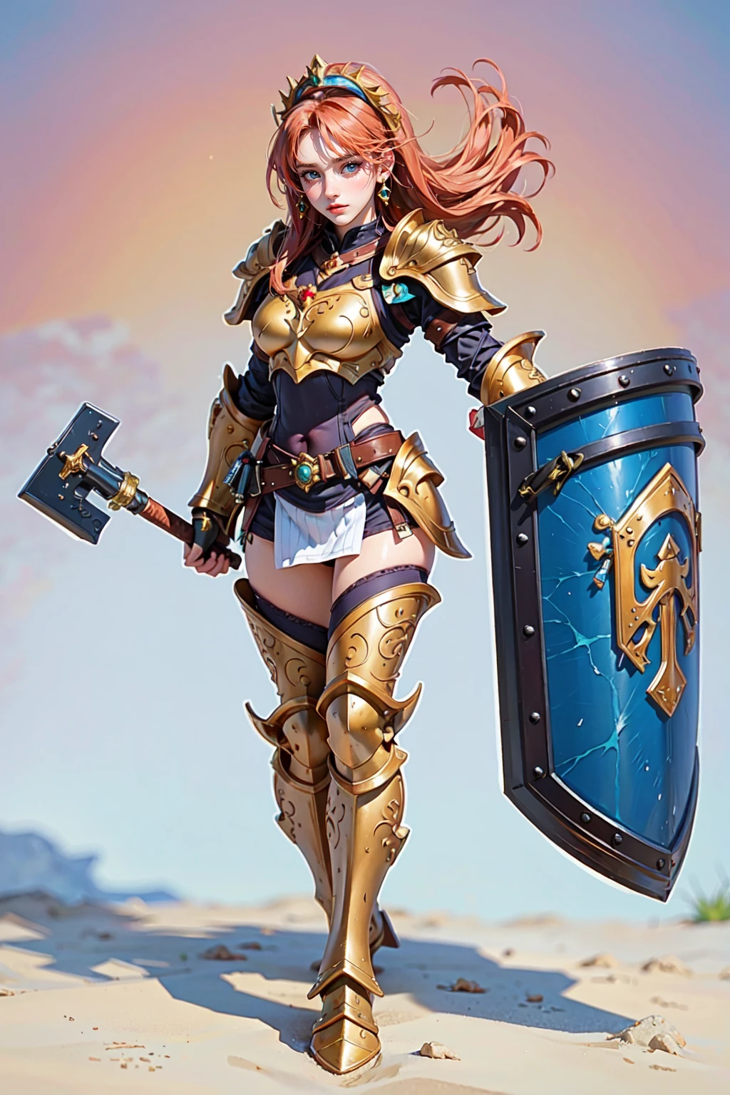 (masterpiece:1.2, best quality), (photorealistic:1.2, intricate details:1.2), Liberator_V1, solo, 1girl, armor, ((full body)), looking at viewer, full armor, full body, holding weapon, holding shield, gauntlets, blush, simple background <lora:Liberator_V1:0.35>