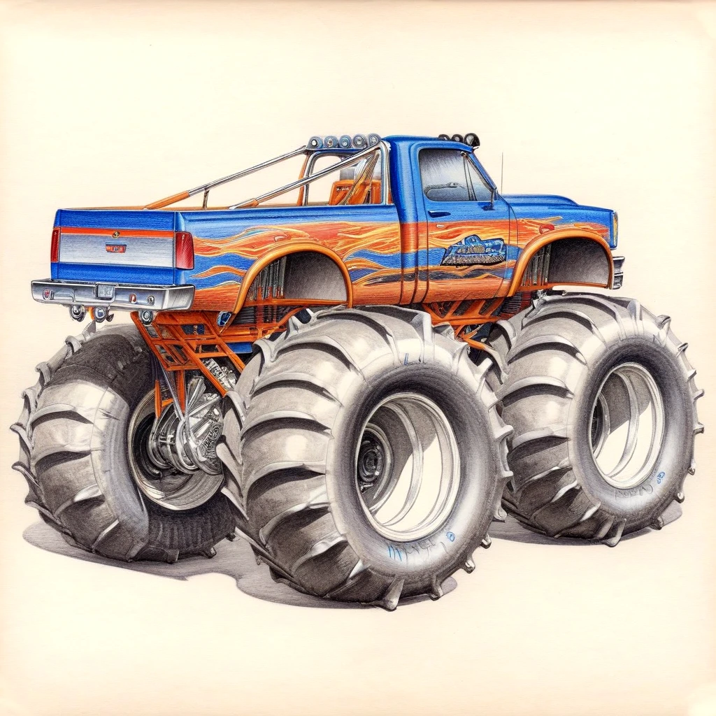 color pencil drawing of a monster truck from behind <lora:BasicMonsterTruckXL:1>