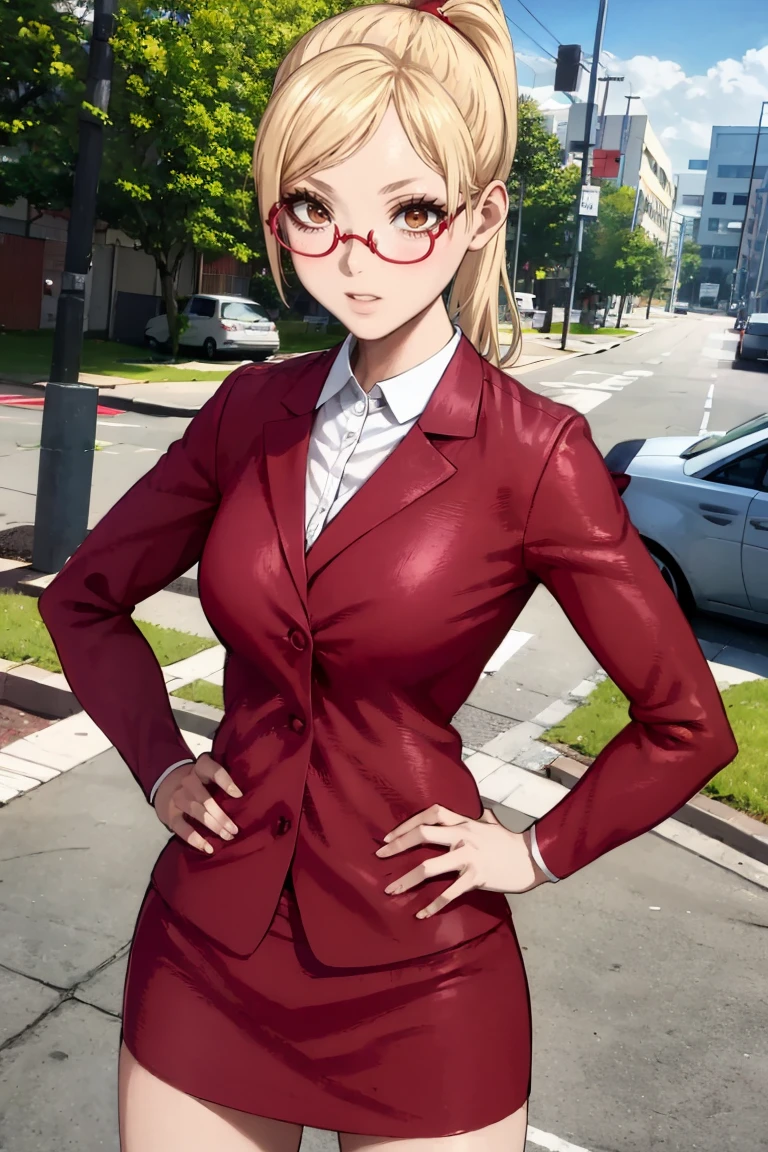 masterpiece, best quality, absurdres, KaedeAkiyama, long hair, ponytail, glasses, office lady, red skirt suit, red skirt, outdoors, hands on hips, <lora:KaedeAkiyama:1>