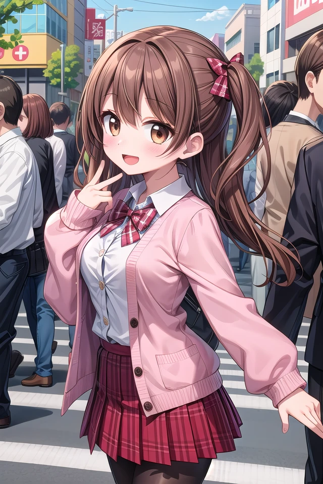 insanely detailed, absurdres, ultra-highres, ultra-detailed, best quality,
1girl, solo, nice hands, perfect hands
BREAK
(School Uniforms:1.2), (pink cardigan is fit body:1.4), ((do up a buttons, not loose):1.5), ((long sleeve, sleeves past wrists):1.2), (inner wear is white collared-shirt:1.3), (red plaid-pattern bow:1.3), (red plaid-pattern pleated skirt:1.3), ((dark-brown pantyhose, loafers):1.2) ,
BREAK
happy smile, laugh, open mouth, standing,
from side,
cute pose, cowboy shot,
BREAK
slender, kawaii, perfect symmetrical face, ultra cute girl, ultra cute face, ultra detailed eyes, ultra detailed hair, ultra cute, ultra beautiful,
BREAK
in harajuku, shibuya, tokyo, street, crowd, cityscape,
BREAK
medium large breasts,
(brown hair, brown eyes), hime cut