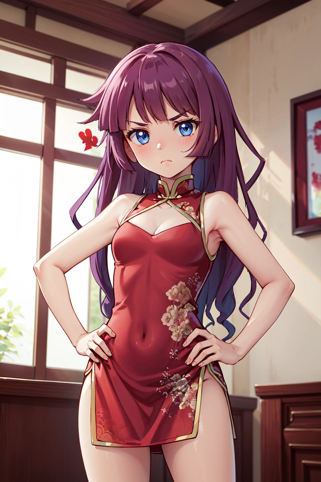 masterpiece,best quality,highres,ultra-detailed,aaromin,long hair,bangs,<lora:kirishima_romin:0.7>,bare shoulders,china dress,chinese clothes,short dress,cleavage cutout,sideboob,thighs,hands_on_hips,(furrowed_brow:1.2),indoors,front view,from_below,
