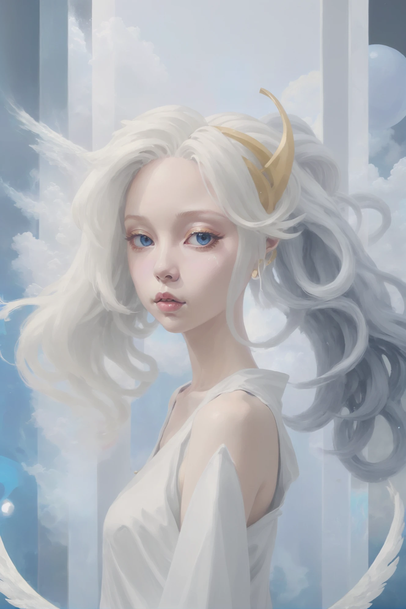 1girl, woman, (divine PC Music:1.3) angel, [:casual costume design,:0.2], bombshell hair, blue-grey and goldenrod hair, ahoge, hourglass figure, albino<lora:EnvyDramaticPortraitXL01:1.5>