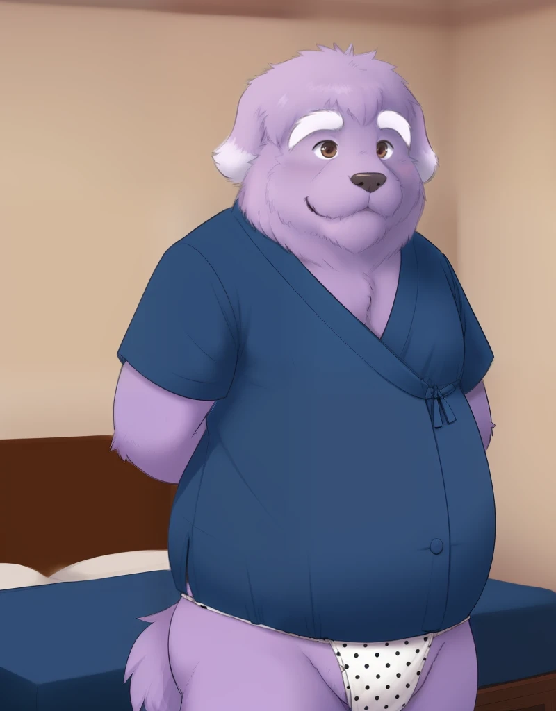 (((detailed eyes, detailed face))), (furry, shigure <lora:character_shigure_findigo_v1:0.9>, purple hair, facial hair, white thick eyebrows, dog boy, snout, old man, small brown eyes), male, (solo), (plump, fat, chubby, overweight), (blue kimono, short sleeves, bottomless, polka dot fundoshi, white male underwear), standing, (arms behind back), smile BREAK (konzaburou, ukan_muri, cute), bedroom, (flat shading, flat color, high brightness), 8k, UHD, masterpiece, (full body)
