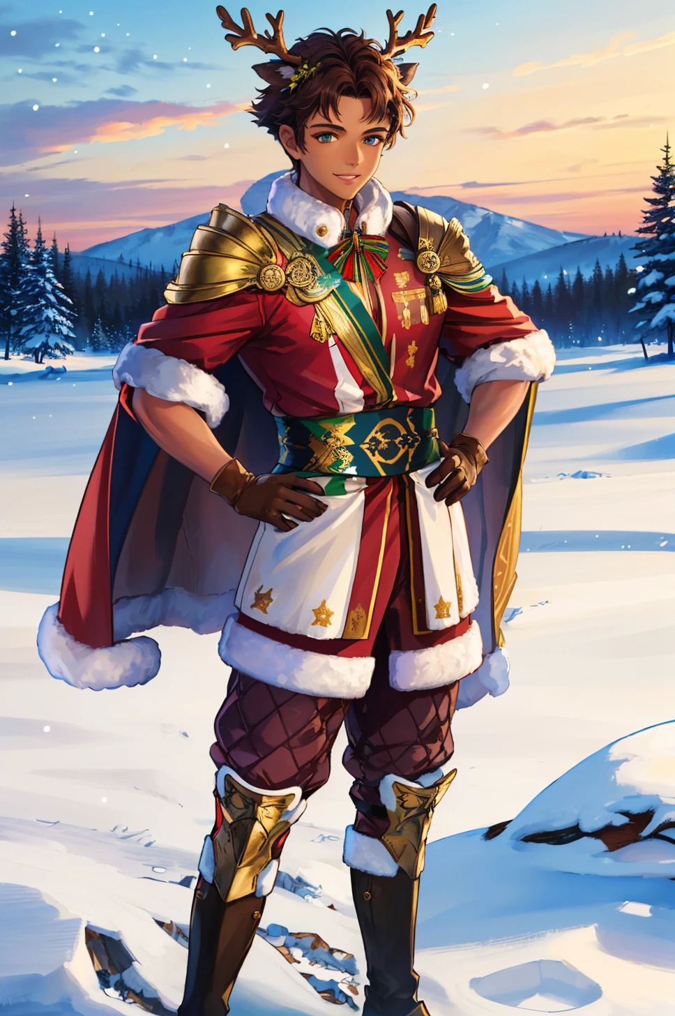 masterpiece, 1boy, cowboy shot, looking at viewer, smile, parted lips, hand on hip, <lora:ClaudeFE3H-FEH:0.7> xmasClaude, gloves, animal ears, reindeer antlers, deer ears, boots, dark skin, cape, fur trim, bell, shoulder armor, santa costume, snowy landscape