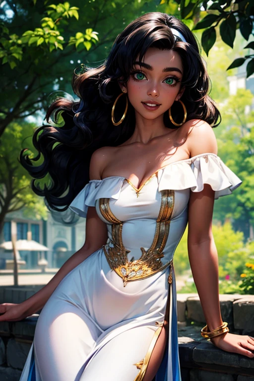 masterpiece, best quality, ultra detailed,8k, 4k, intricate,highly detailed,detailed face,(extremely detailed fine touch:1.2), (natural light, sun light, light rays, dappled light, reflection, shadows, ray tracing:1.2),hourglass body ,complex background, many elements in the background
BREAK
esmeralda, 1girl, solo, jewelry, dark skin, long hair, bracelet, black hair, dark-skinned female, green eyes, earrings, dress, smile, bare shoulders, hairband, looking at viewer, big hair, off shoulder
BREAK
half body,park background
BREAK
<lora:more_details:0.5>, <lora:esmeralda:0.7>