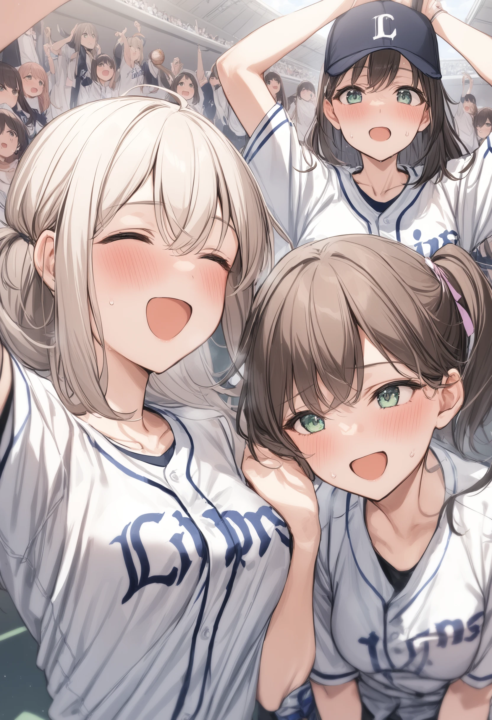 multiple girls, <lora:sdxl2-flat2-512b:-1>,medium breasts,
<lora:seibuXLv2:0.6>,seibu,baseball uniform, clothes writing, short sleeves,miniskirt, white jacket, open clothes, open jacket,shirt,cheering,
ceiling, upper body, looking up, open mouth,
masterpiece,best quality,medium quality,