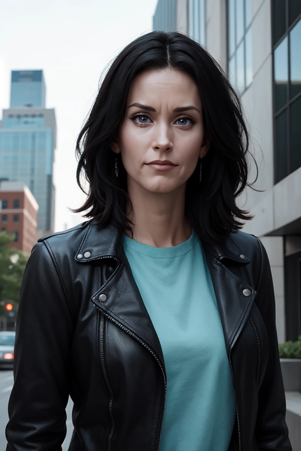 <lora:mondongo_LoRA_CourteneyCox:1> mndngwmn, (ultra realistic, 8k,high quality),(medium shot), wearing a leather jacket, on a city downtown