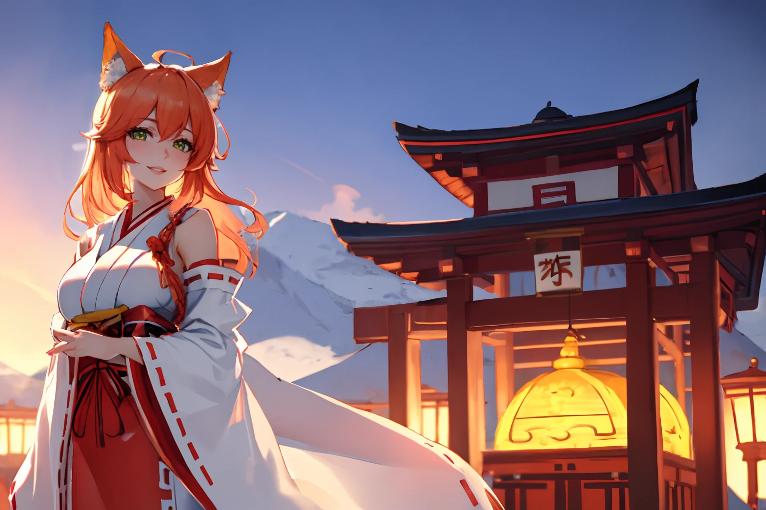 solo focus, masterpiece, 4k, best quality, highly detailed,1girl,mature female,fox girl, fox ears, orange hair, green eyes, miko, shrine maiden dress, beautiful smile,cute lips, delicate smile, looking at viewer, large breasts, adjusting hair, standing <lora:left side position:1>