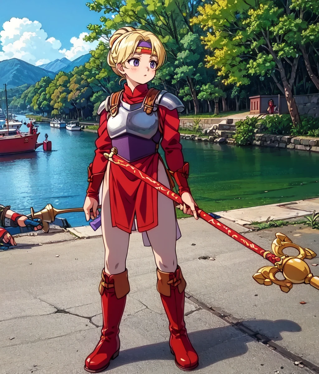 masterpiece, anime screencap, 1 girl, solo, woman, mature woman, blonde hair, hair up, purple red outfit, headband, armor, long sleeves, white leggigns, boots, staff, outdoor, medieval harbor, medieval, full body, cowboy shot   <lora:Katarina:1>