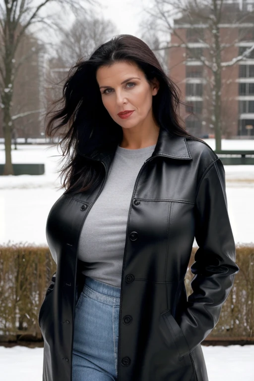 <lora:B8st9D8st9_v1:1>, high quality, high resolution, realistic, crisp lighting, caucasian woman in worker outfit at the university winter leather coat, looking at viewer, long black hair, large breasts, B8st9D8st9
