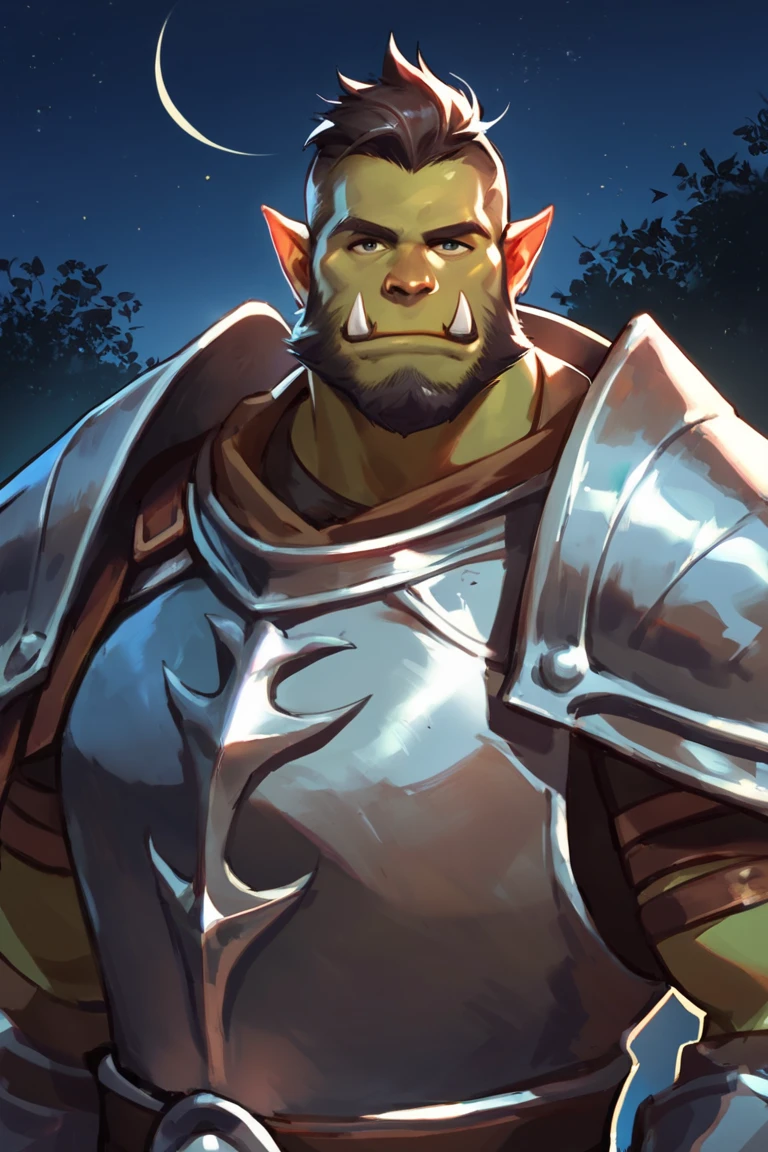 score_9, score_8_up, score_7_up, dark theme, low light, solo, male focus, mature male, orc, green skin, tusks, beard, outdoors, armor, looking at viewer, shoulder armor, breastplate, upper body, closed mouth, pauldrons, night, night sky, standing  <lora:Smooth Anime Night Style SDXL_LoRA_Pony Diffusion V6 XL:1>