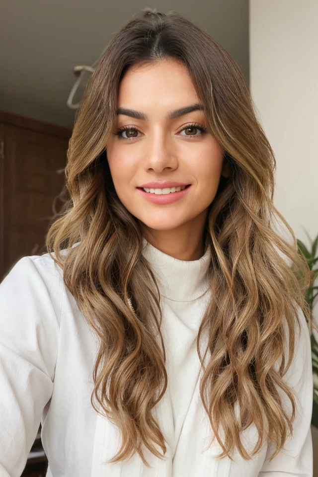 Portrait photo of k3llyk3y woman, white turtleneck blouse, smiling