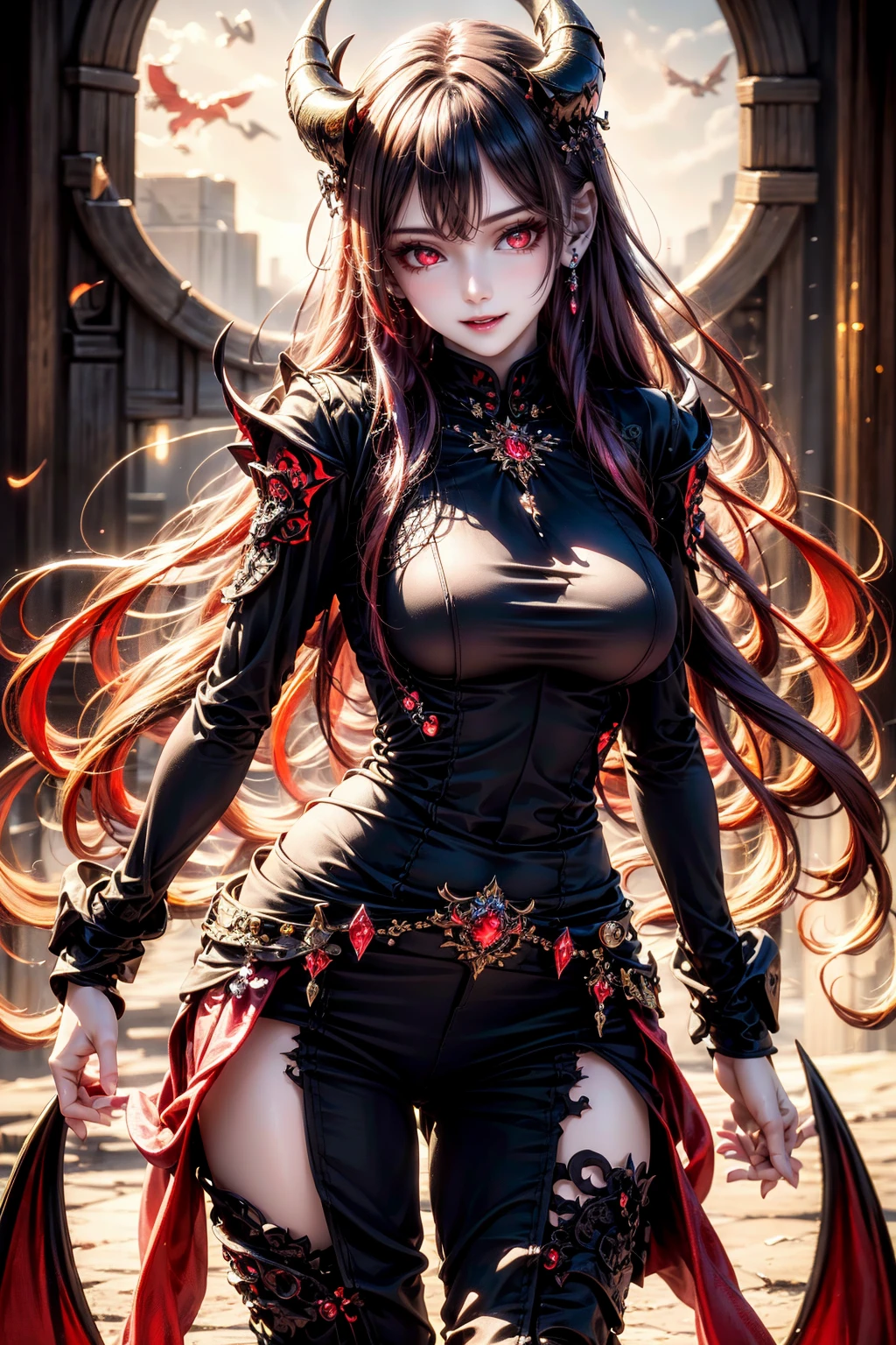 <lora:heihua006:0.8>,(face lighting:0.8),bright backlight,super high resolution,best quality,Photos,4k,(Realistic:1.2),heihua,1girl,very long hair,red eyes,smile,thigh,full_shot,front view,black clothes,devil horn,