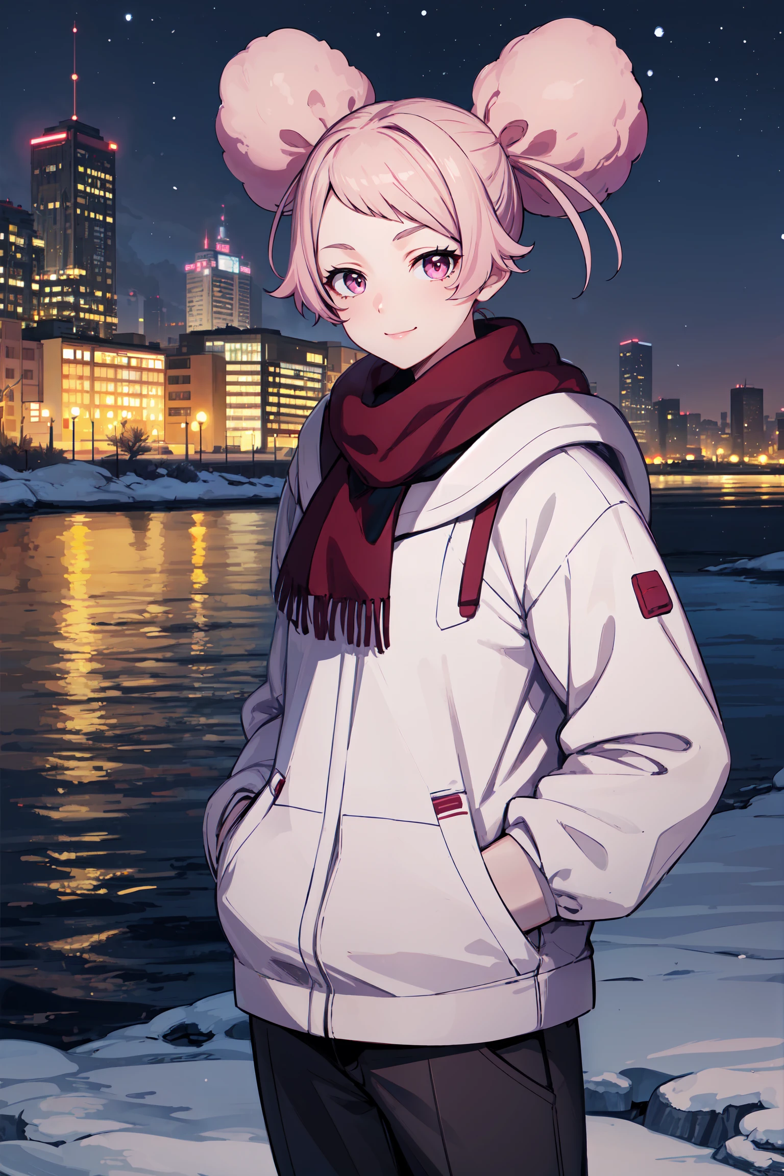 masterpiece, best quality, cowboy shot, looking at viewer, smile, chtrypnlch, hair bun, winter clothes, pants, scarf, hands in pocket, outdoors, night, snow, river, skyline, <lora:chuatury_panlunch_v1:0.9>