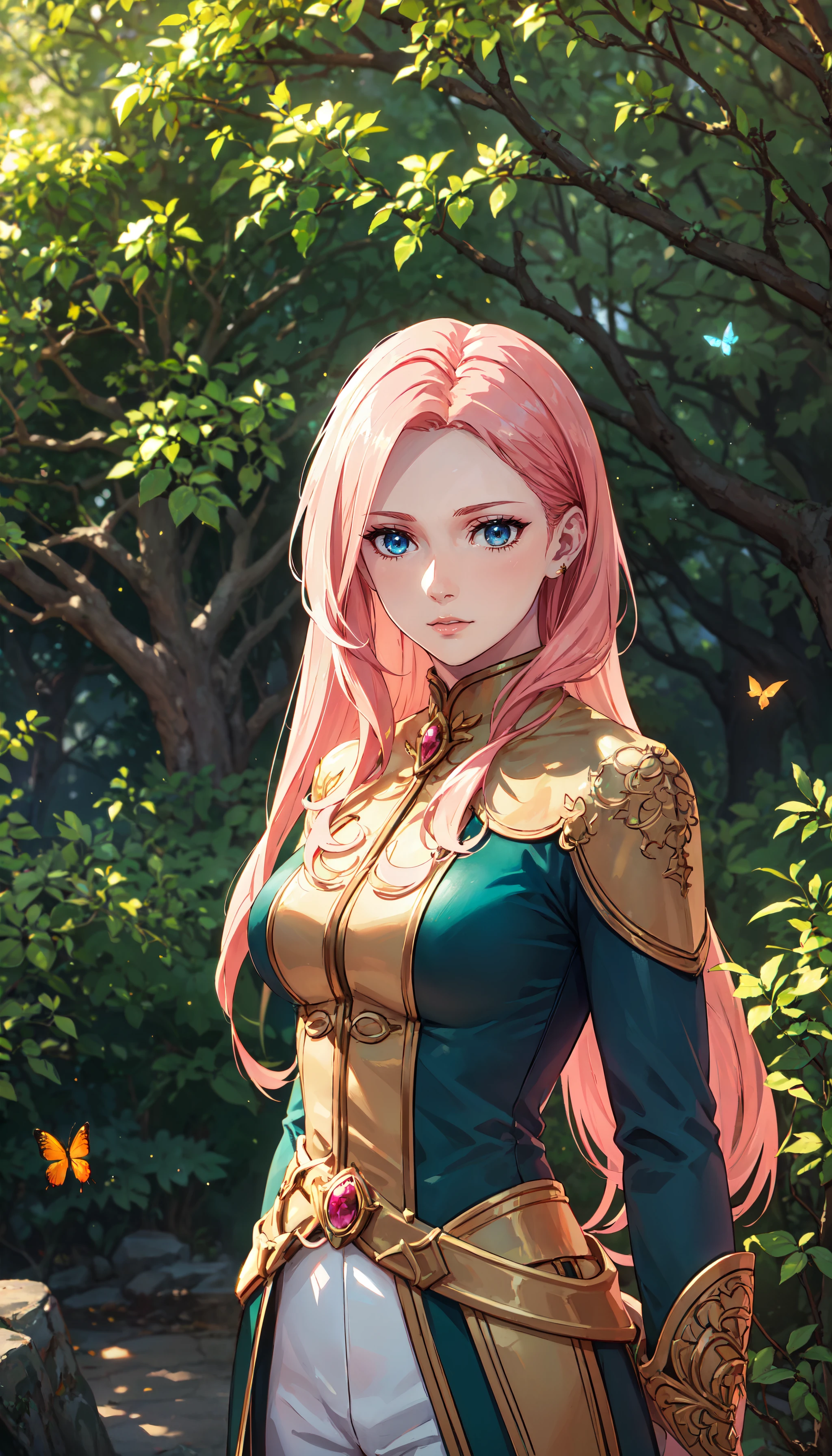 photorealistic, (4k), depth of field, (Masterpiece), (realistic skin texture), extremely detailed, intricate, hyper detailed, professional photography, bokeh, high resolution, sharp detail, best quality, woman, long hair, pink hair, blue eyes, teal and gold military uniform, white pants, white pelt, <lora:GoodHands-beta2:1> , <lora:detail_slider_v4:0.8> , dynamic pose, (arm at her side), <lora:Eclair Seaetoo-000004:0.7> , lush garden, flowers, butterflies, delicate beauty,